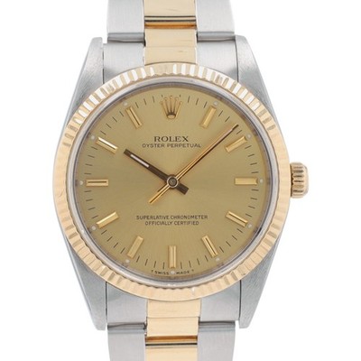 Rolex  Oyster Perpetual 14233 34mm Champagne Index Dial Fluted Bezel Mens Watch