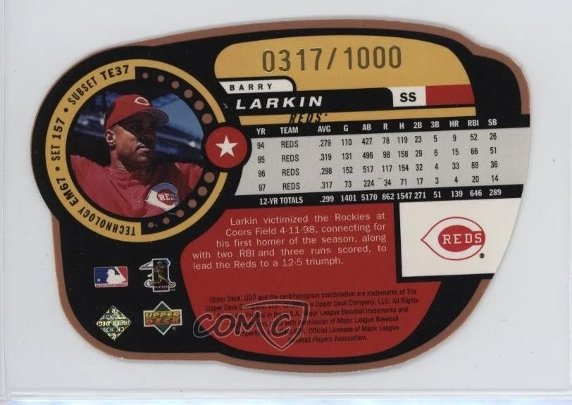 1998 Upper Deck UD3 The Establishment Die-Cut /1000 Barry Larkin #157 HOF - Image 2 of 2