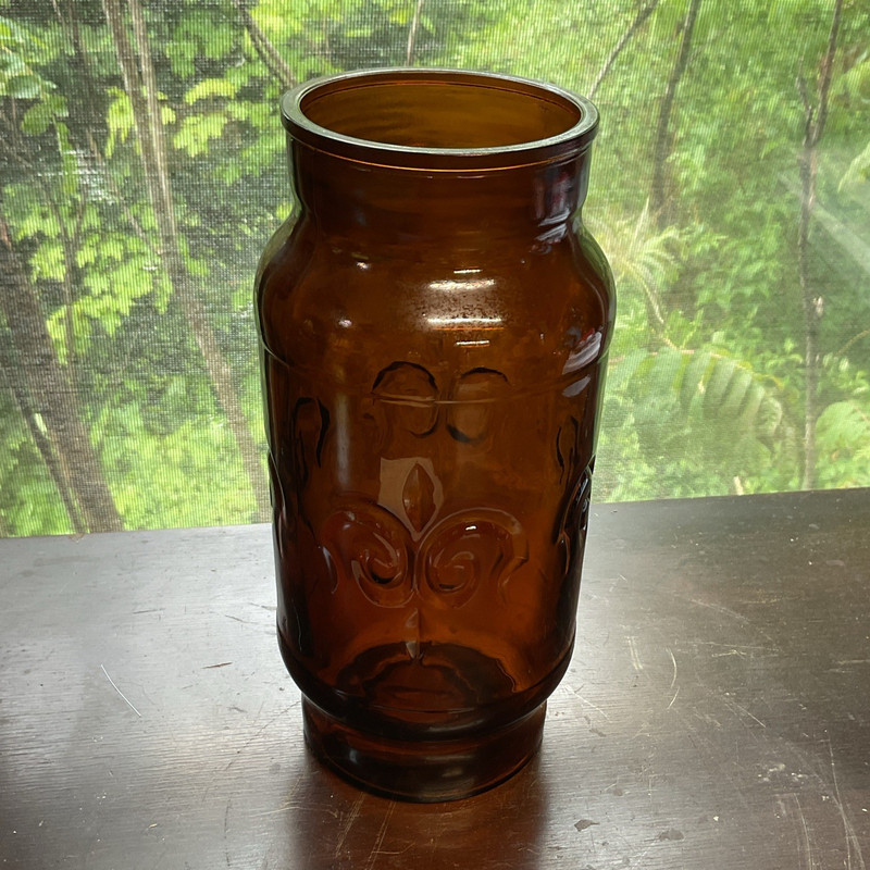 Amber Brown Glass Jar with Embossed Design and Screw-Top Threads