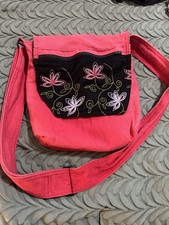 Embroidered Floral Messenger Crossbody Bag Red Black Cotton Boho Shoulder Bag
