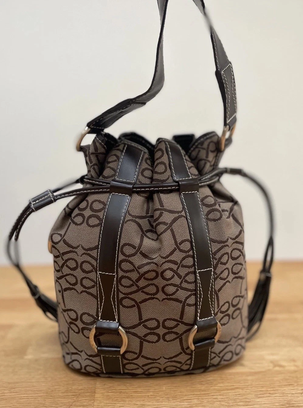 LANCEL Designer Monogram Textile Leather Trim Drawstring Handbag 22x27x10cm