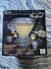 Vintage Anchor Hocking Wexford Glass Punch Bowl W/Base & 18 Cups Diamond Pattern