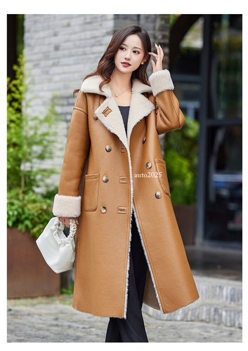 Womens 100% Wool Lamb Fur Shearling Long Reversible Coats Warm Buttons Overcoats - Picture 15 of 26