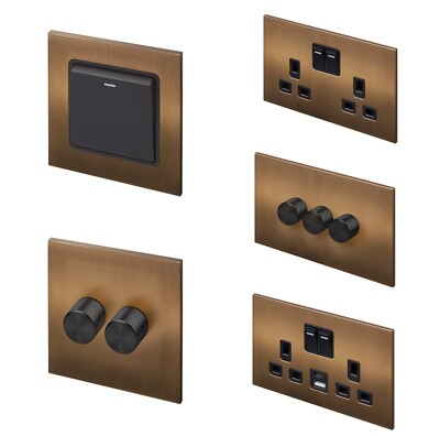 RetroTouch Aura schraubenlose gebürstete Bronze Schalter, Steckdosen, USB, schwarz Dimmer