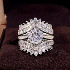 3pcs/set Women Luxury Cubic Zirconia Rings Silver Plated Jewelry Gifts Size 6-10