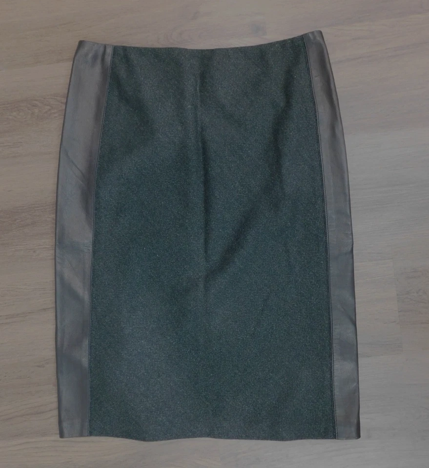 DKNY Black Stretch Wool Leather panel Pencil Skirt Ladies Sz 8 EUC Donna Karan