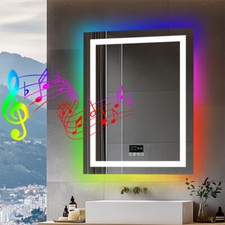 RGB Bluetooth Speaker LED Bathroom Mirror Anti-Fog Wall Vanity Mirror Date Time