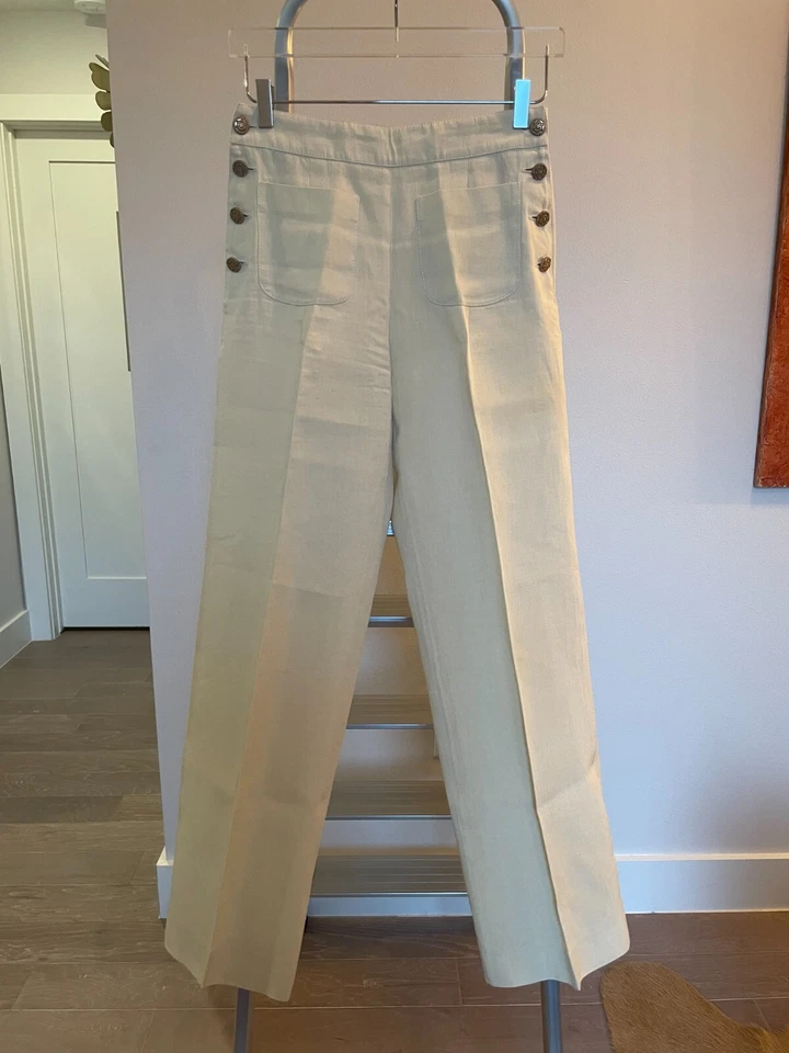 Pantalón Chanel Auténtico P37315 Crema 100% Lino Cintura Alta Talla 38 Dorado Botones CC