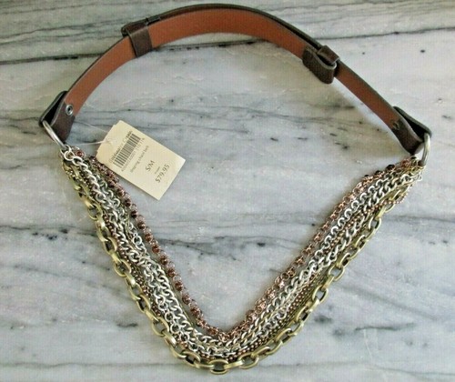 NWT $79.95 Coldwater Creek Draping Chain Belt S/M Misses Brown Leather & Chain - Picture 2 of 12