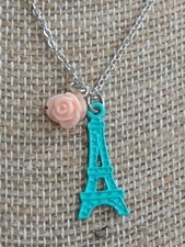 Claire's Blue Eiffel Tower  Pink Rose Pendants on a Silver Tone Chain 18"