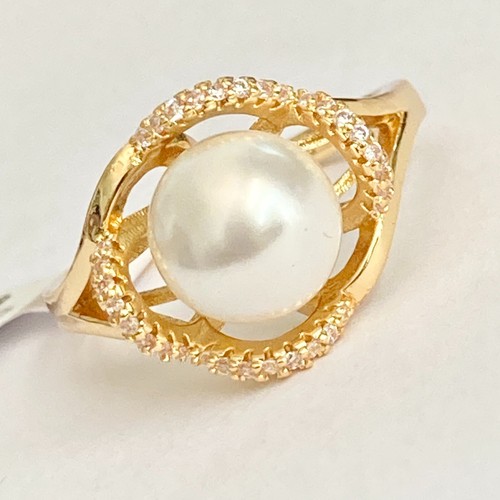 Art Deco Cubic Zirconia Pearl Cocktail Ring 14 kt Yellow Gold Plated Size 9 Faux - 第 6/17 張圖片