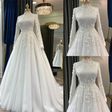 Muslim Wedding Dresses High Neck Floral Arabic Long Sleeve Sequin Bridal Gowns