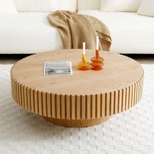 Modern Drum Coffee Table,Handcrafted Center Table w/Vertical Relief &Sturdy Base