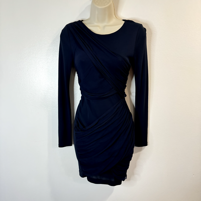 Alice + Olivia Dress Long Sleeve Size 2 / XS Silk Chiffon Navy Blue Pencil  Wrap | eBay