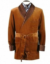 Men Luxurious Brown Velvet Smoking Jacket Men  s Dress Gown with Quilted Shawl