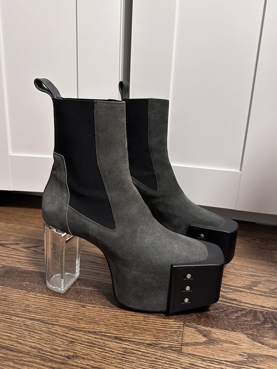 靴 rick owens beveled platforms kiss boots RICK OWENS Kiss Heels Grill Beveled Suede Platform Boots Size 43