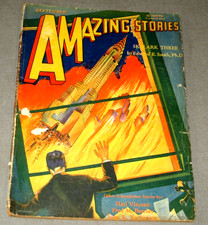 1930- AMAZING STORIES NO.6- SCI FI -PULP CHRYSLER BUILDING BLASTING OFF- COVER