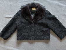 1950s Black Curly Persian Lamb Coat Mob Wife Swing Jacket Mink Fur Collar Crop