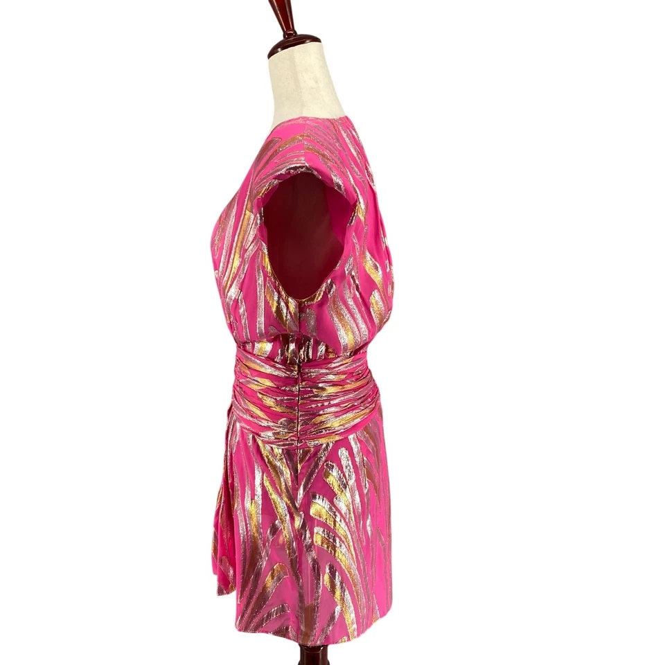 Ramy Brook Reina Mini Party Dress Womens M? Pink Metallic Silk Blend Deep V Neck - Image 4 of 4