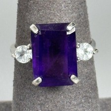 Elegant Rectangle Amethyst  White Topaz Sterling Silver Engagement Ring Sz 7.25