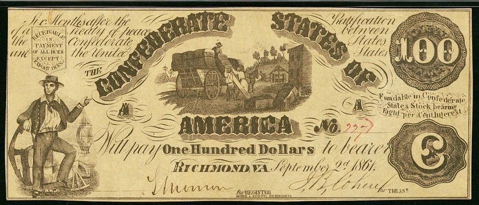 AU55 CT-13 $100 1861 Confederate States Civil War Contemporary Counterfeit Note - Image 3 of 4