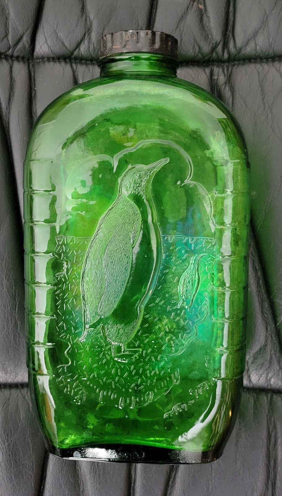 Antique Green Glass Refrigerator Water Bottle No. 1429-Penguin Design