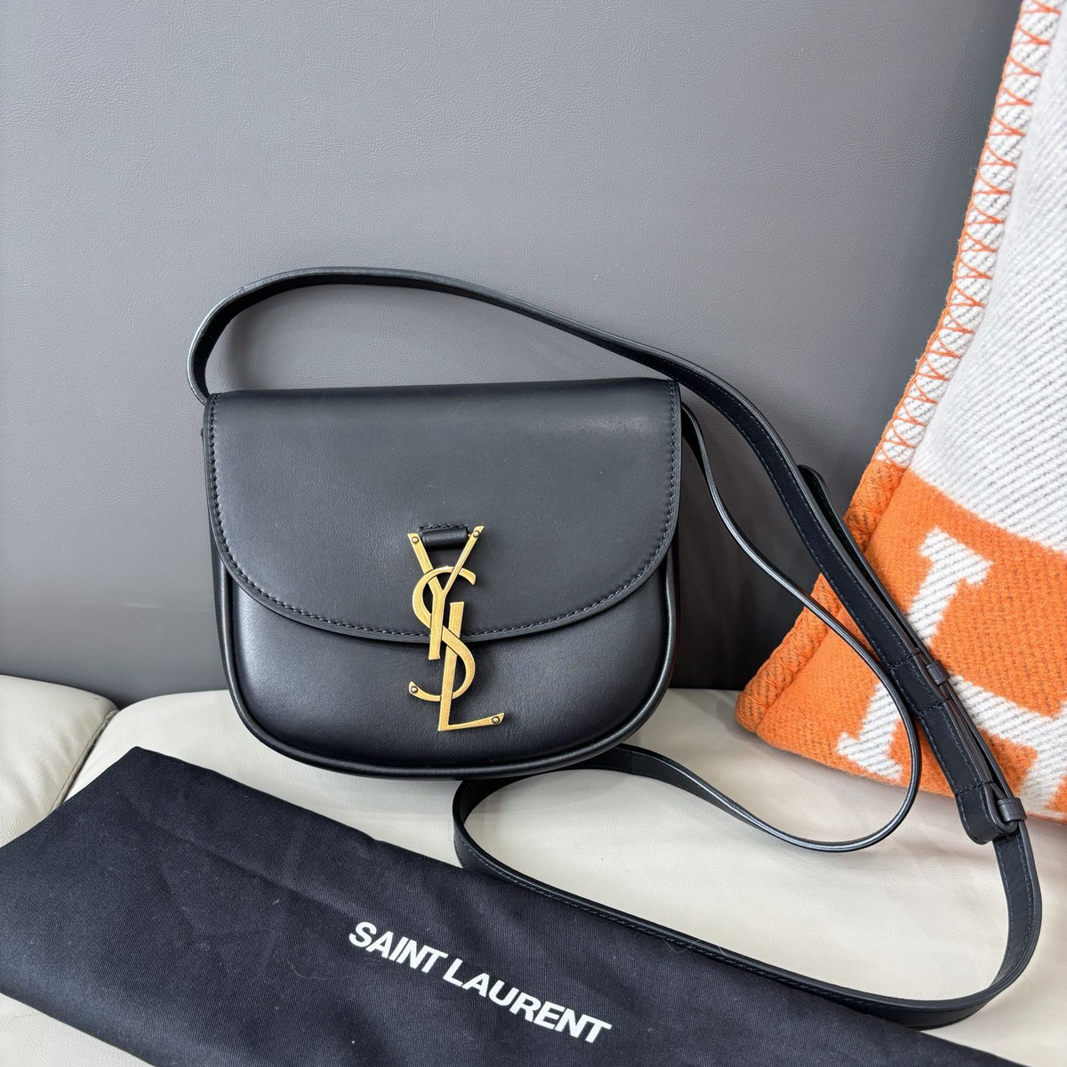 Saint Laurent Kaia Saddle Bag Shoulder Crossbody Black Gold Women