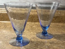 H C FRY GLASS CO Wide Optic #3104 Footed Goblets (2) Blue - Rim Chipped On One