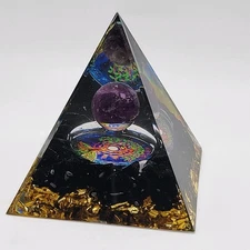Orgonite Style Resin Pyramid w/ Purple Sphere & Gold Flakes Meditation Décor