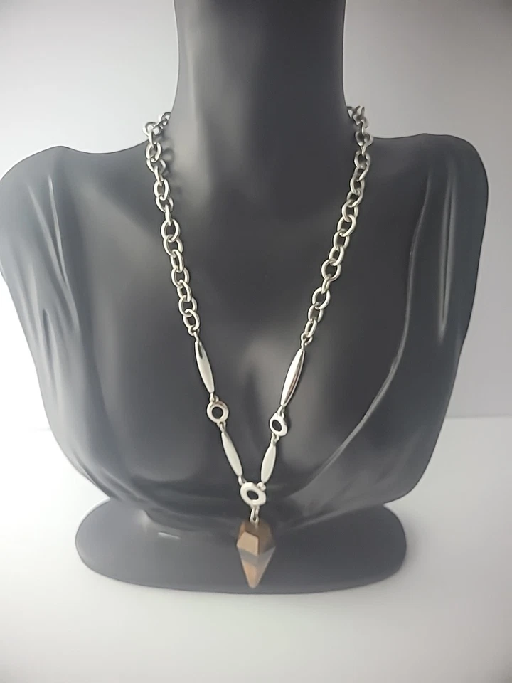 Vintage Lia Sophia Necklace Chain Pendant Pendulum Brown Agate Jewelry Costume - Image 3 of 4