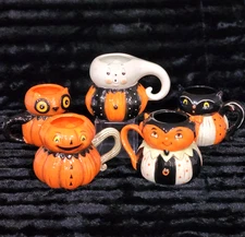 5pc Johanna Parker Mug Set Ghost Pumpkin Owl Bat Devil Retro Halloween Peep Mugs