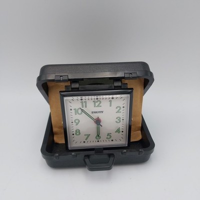 Vtg Equity Travel Alarm Clock Wind Up Hard Case Black - WORKS