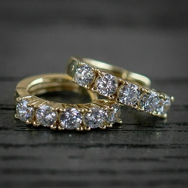 0.80Ct Lab Created Diamond Huggie Hoop Earrings Solid 14K Yellow Gold Finish - Image 3 of 4