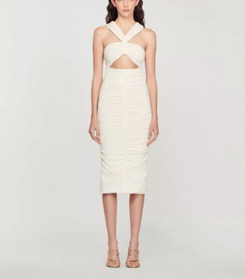 Sandro Women's Ecru Knit Cut Out Midi Dress Size 36 FR 8 UK 4 US SFPRO03028