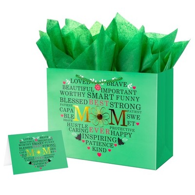 Large Gift Bag with Wrapping Tissue for Mother's Day 12.6'' Flower Heart - Best M