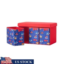 Kids Storage Bench Red Truck Pattern 3 Drawers Playroom Seating Toy Organizer US