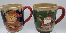 Christmas Cup Rustic Lodge Santa Clause & Bear Stoneware Coffee Mug Set Of 2