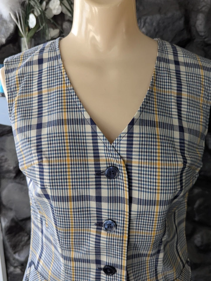 De Colección Años 60 Bobby Brooks Conjunto Scooter Falda Chaleco Azul Marino Amarillo Cuadros Koratron Talla 3/5 Foto 3 de 4