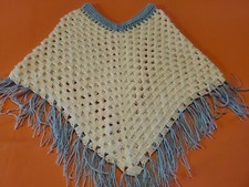 Hand Crochet Girls Poncho Wht/blue