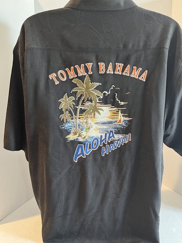 Tommy Bahama Hawaiian Shirt Mens 2XL 100% Silk Black Aloha Hawaii Back Design - Picture 7 of 12