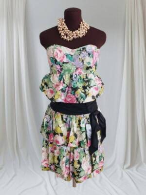 Vintage 80s Bubble Dress Sweetheart Cut  Flowers Tiered Mini GORGEOUS S