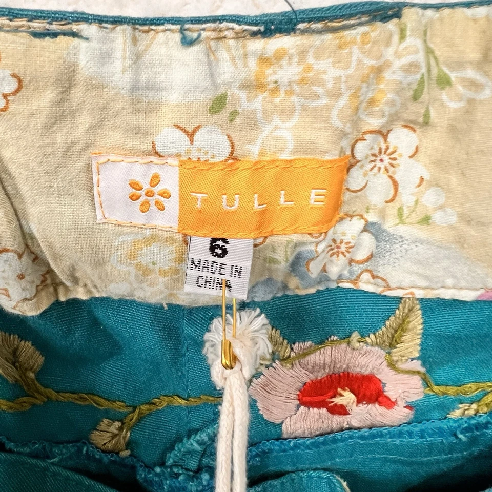 Nuevos Pantalones Bordados Florales de Tul para Mujer 6 Turquesa Acampanados con Cinturón Y2K Foto 3 de 4