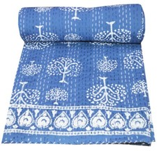 Indigo Blue Hand Block Print Twin Cotton Kantha Quilt Throw blanket Bedspread