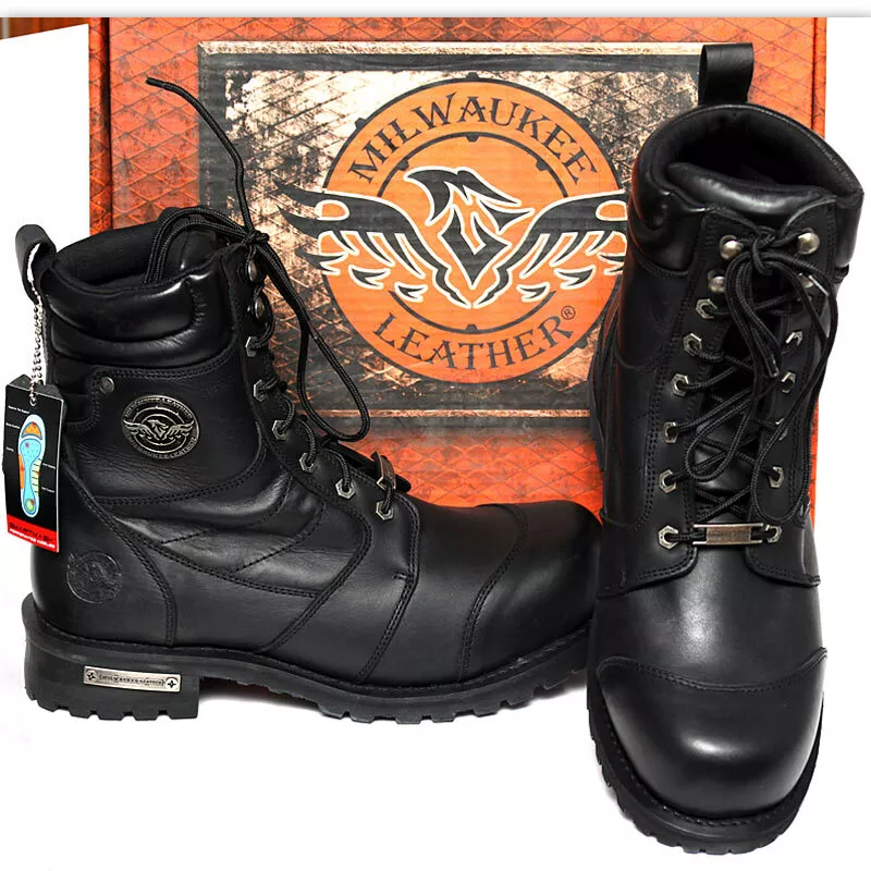 MILWAUKEE LEATHER Men s BLACK LEATHER MOTORCYCLE BIKER BOOTS w Box 8 Wide