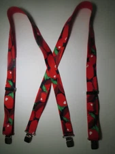 Men's Suspenders, X Style 1-1/2" Red Apples on Black. Clips Loop Snaps. USA Made