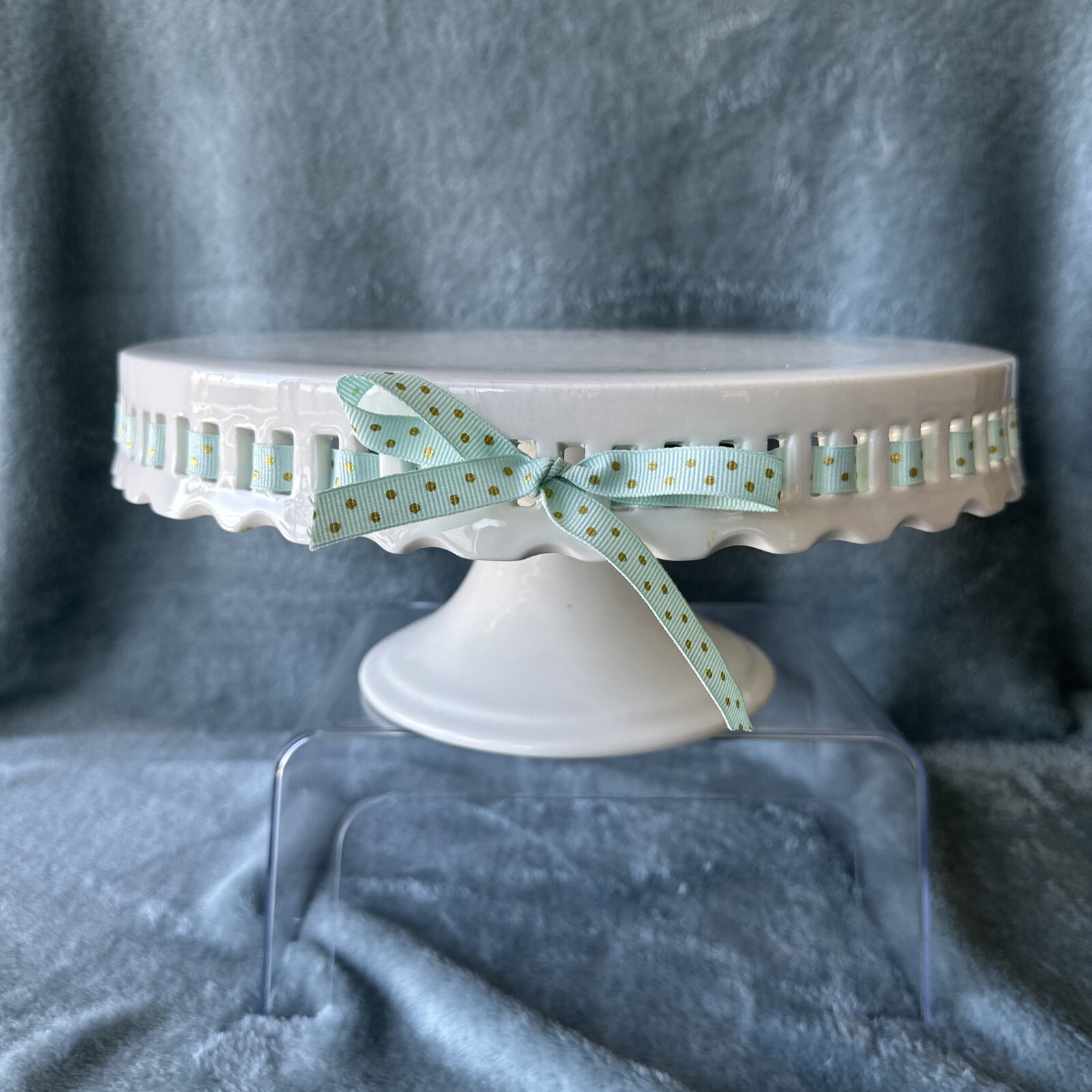 Grace's Teaware White 12” D 5” Tall Pedestal Cake Stand Aqua Polka Dot Ribbon