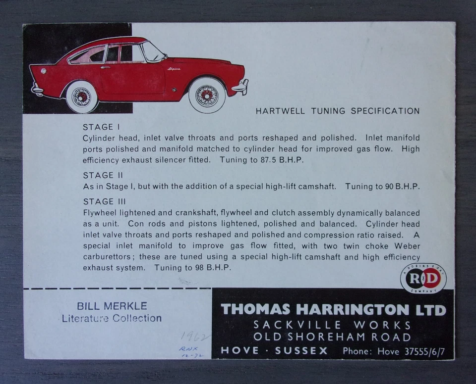 SUNBEAM HARRINGTON ALPINE 1.6 orig 1960s UK Mkt Small Format Sales Brochure - Image 3 of 3