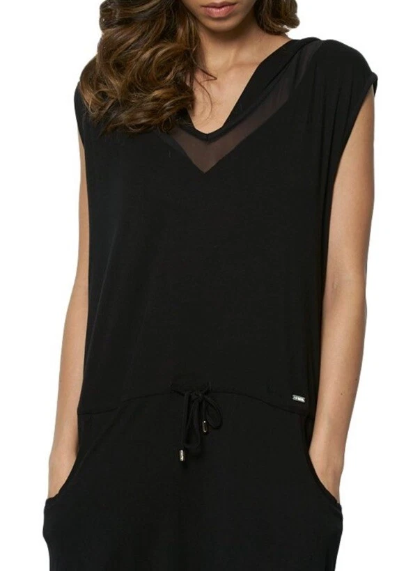 Roupa de banho Calvin Klein com capuz malha inserção túnica natação cobertura preta P/M - Imagem 4 de 4