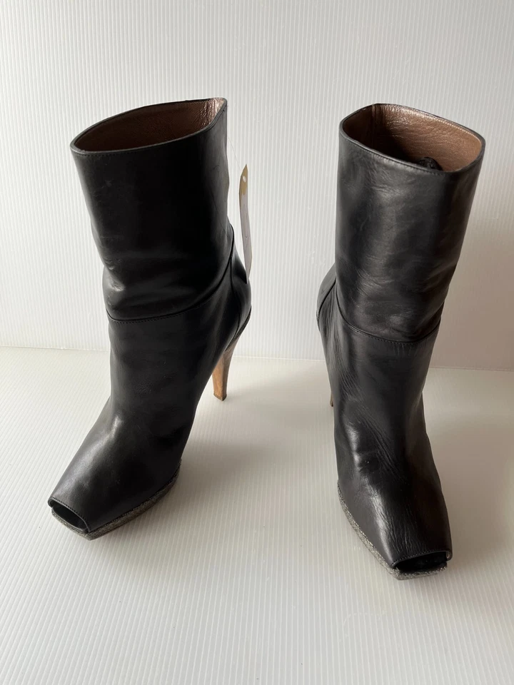 Botines MARNI de cuero negro de tacón alto a media pantorrilla punta abierta, talla 8 (US) 38 (UE) Foto 2 de 4