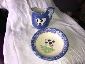 Cow bowl & jug blue calico china (cow2)